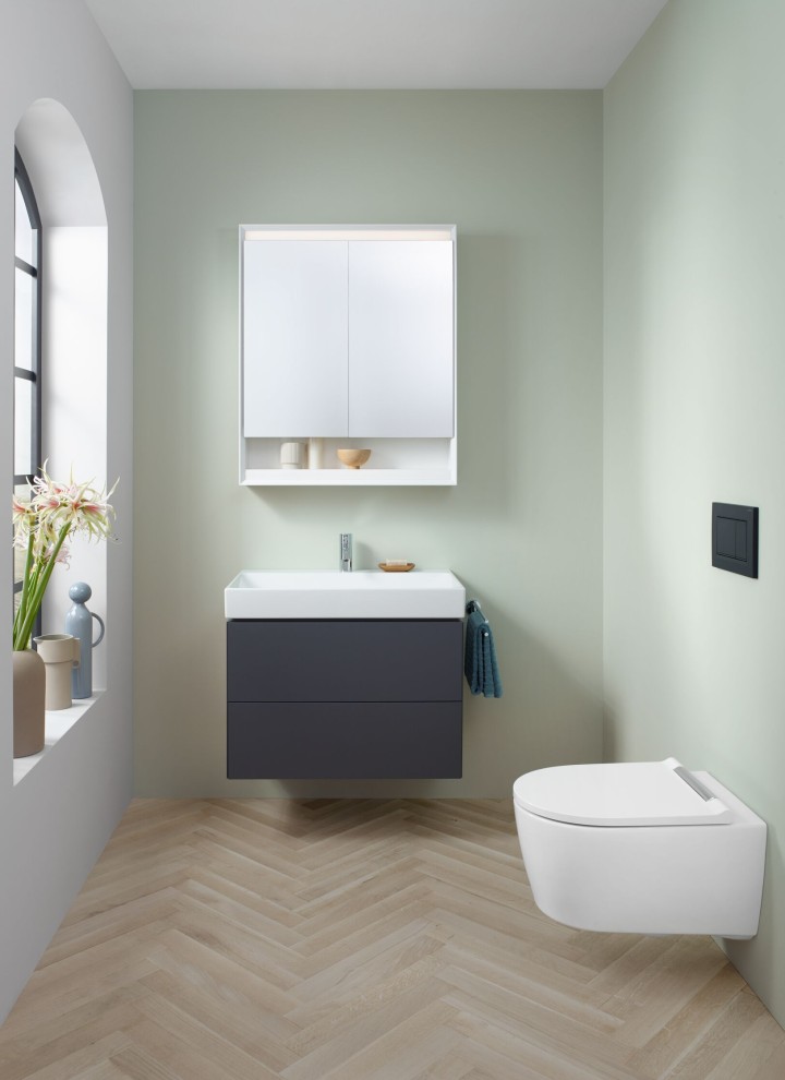 Small bathroom with wall-hung WC, mirror cabinet and washbasin cabinet from the Geberit ONE bathroom series